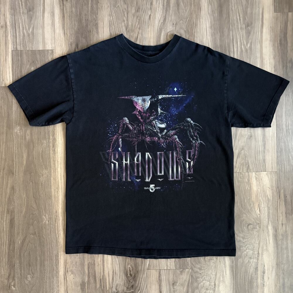 Vintage 1997 Babylon 5 Shadows T-Shirt Men's Size XL Black Alien TV Show Promo